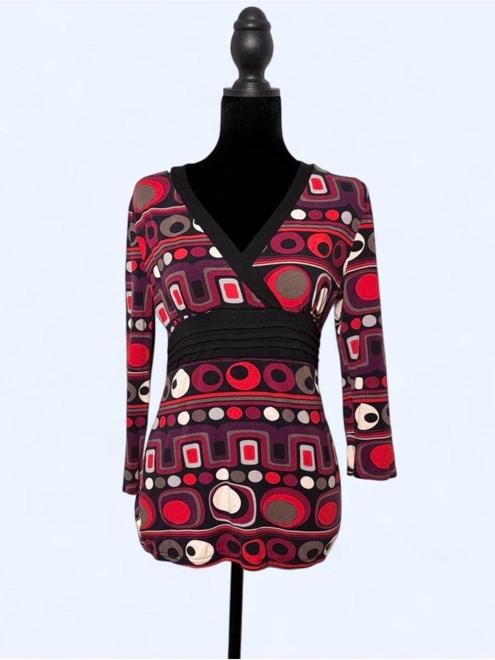Vtg Y2K Cache Cache Red Black Mod Print Long Sleeve Surplice Babydoll Top